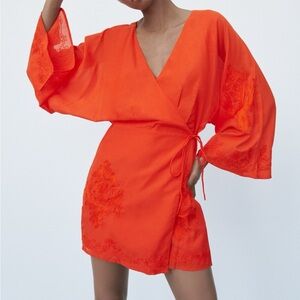 Zara Embroidered Wrap Mini Dress